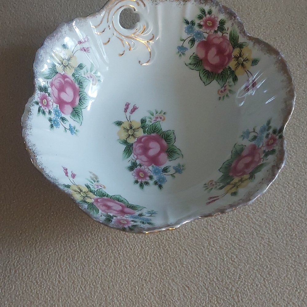 Vintage Inspired Floral Porcelain Bowl with Gold Accents